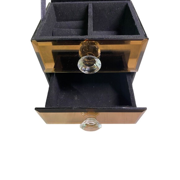 Allure Mirrored Jewelry Box Amber Smoke 3 Compartments Clear Crystal Gem Knobs - Picture 10 of 16